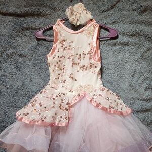 White and Pink Ballet Costume and Hair piece, Size 6.